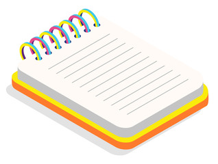Poster - Blank vertical spiral notebook with yellow and orange cover isolated on white background. Opened notepad with clean sheets. Office supplies and colorful stationery isometric style vector illustration