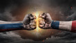 © JustLife - Russia vs France. Fists with flags. Battle of two countries on sky.