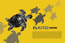 Poster Template. Sea ​​turtle Silhouette- Black Garbage Bag. Concept Of Saving The Environment And Plastic Pollution Of The World Ocean