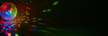 Glittering Mirror Disco Ball. Nightclub. For Advertising Or Web Design. Entertainment, Disco Or Music Show Extra Wide Panorama Banner Background