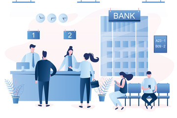 Wall Mural - Modern bank office interior.Business people waiting line queue. Bank managers and customers characters.