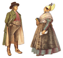 Historical Fashion - Farmer And Country Woman From Upper Austria (Austria) / Vintage Illustration From Meyers Konversations-Lexikon 1897