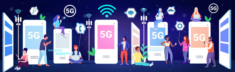 Poster - mix race people using apps on digital devices 5G online wireless systems connection social network communication concept smartphone screens online mobile application full length horizontal vector