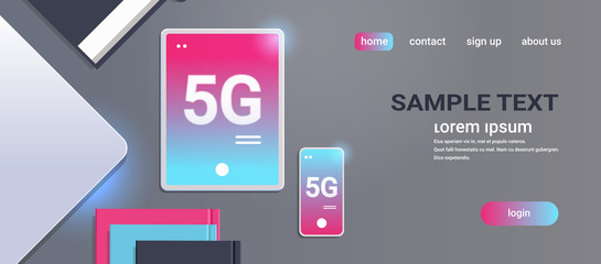 Poster - tablet and smartphone on desktop 5G online communication network wireless systems connection concept fifth innovative generation of high speed internet flat horizontal top angle view copy space vector