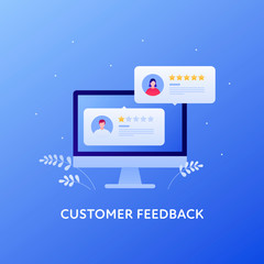 Wall Mural - Customer feedback survey flat business vector illustration. Web review concept. Documents with people face and star sign on computer screen. Design element for banner, background, web, ui.