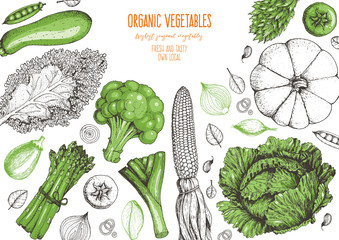 Wall Mural - Vegetables top view frame. Farmers market menu design template. Organic vegetables food poster. Vintage hand drawn sketch vector illustration. Line art graphic. Engraved style.