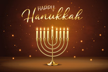 Happy Hanukkah Greeting Card With Gold Inscription And Golden Realistic Menorah, Candlestick With Burning Candles