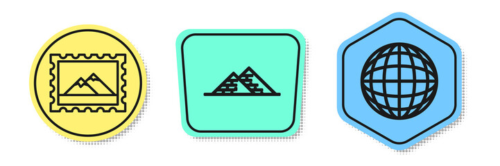 Sticker - Set line Postal stamp and Mountains, Egypt pyramids and Earth globe. Colored shapes. Vector