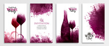 Templates With Wine Designs. Red Wine Stains Illustration Of Glass And Bottle Of Wine.