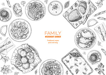 Family dinner top view, vector illustration. Friendly dinner table. Food design template. Engraved style background. Hand drawn sketch, design template.