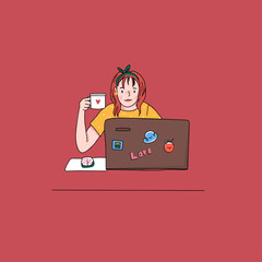 Stylish young woman with cup. Cute girl. Using laptop. Studying, browsing internet, social media, blogging. Online education or communication concept. Hand drawn vector illustration. Cartoon style