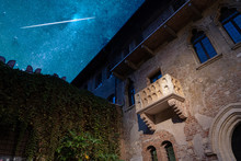 The Original Balcony Of Romeo And Juliet Under A Stunning Starry Sky. Verona, Italy. Tragedy By William Shakespeare.