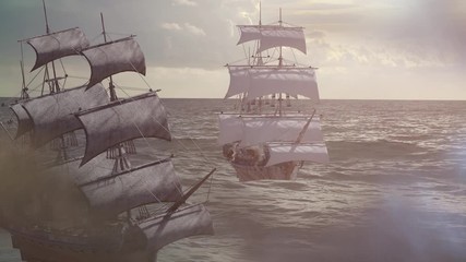 Wall Mural - sea battle, sailing pirate ship sailing on the sea 3D render