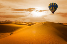 Desert And Hot Air Balloon Landscape At Sunrise. Travel, Inspiration, Success, Dream, Flight Concept