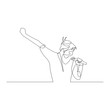 Continuous one line woman with a microphone in hand expressively sings. Karaoke. Vector