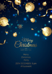 Merry Christmas and Happy New Year. Background with Snowflakes and balls design.