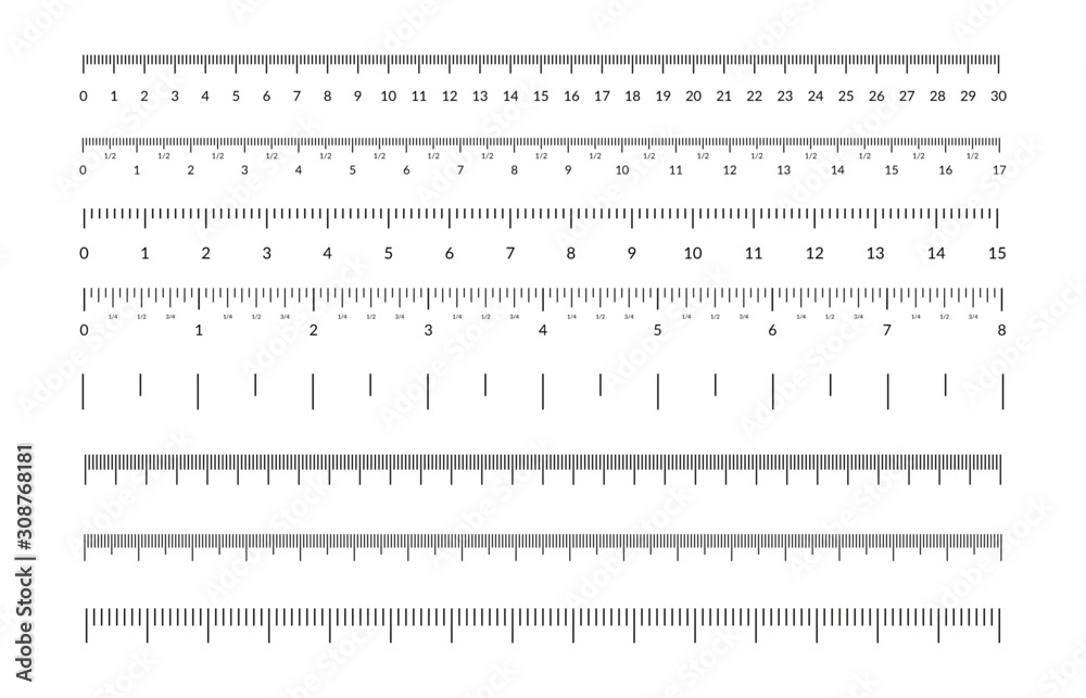 Measuring tape scale set. Vector measurable yardstick measures length height meter precision tools centimeter millimeters calibration. Measurements scales design template - obrazy, fototapety, plakaty 