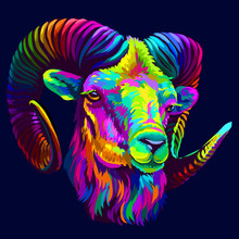 Mountain Sheep. Abstract, Colorful, Neon Portrait Of A Mountain Sheep On A Dark Blue Background In Pop Art Style.