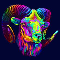 Wall Mural - mountain sheep. abstract, colorful, neon portrait of a mountain sheep on a dark blue background in p