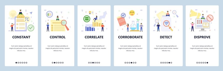 Poster - mobile app onboarding screens. video marketing and promotion, search, science experiment. menu vecto