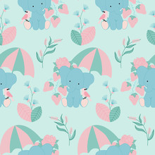 Sweet Blue Elephant With Umbrella And Srawbberies In A Seamless Pattern Design
