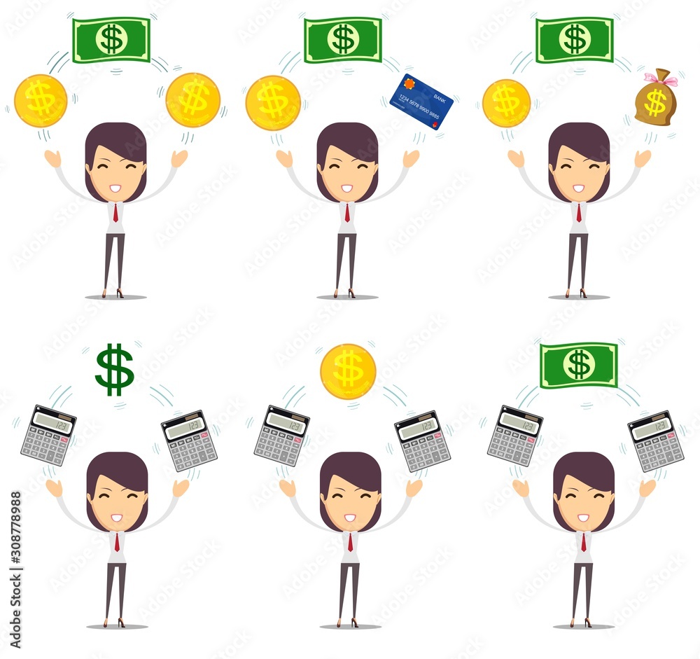 Portrait of a beautiful expressive young brunette with objects. Stock flat vector illustration.