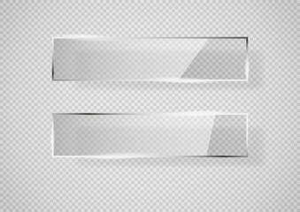 Wall Mural - Reflecting glass banner. Gloss reflection 3d panel or clear text box banner on transparent display background vector