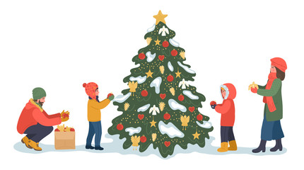 Wall Mural - Family decorating Christmas tree. Mother, father and children in warm clothes decorate Christmas tree outside on white background.