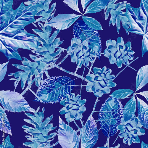 Pine cones with leaves seamless pattern.