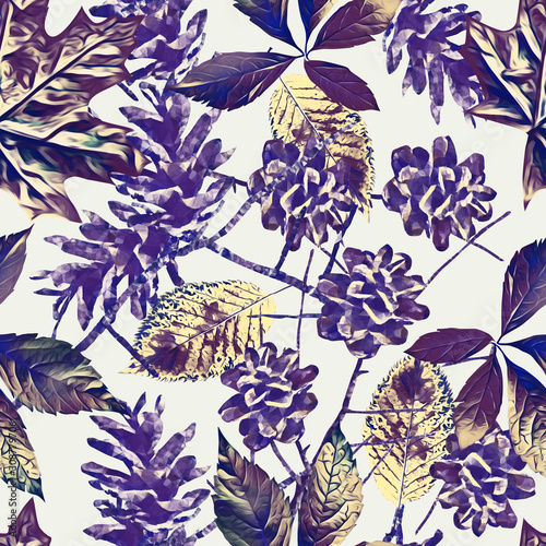 Pine cones with leaves seamless pattern.