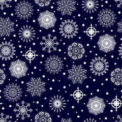 Seamless vector winter pattern. White snowflakes on a blue background. Christmas illustration for textiles, wallpaper, posters, wrapping paper. New Year snow Set. Geometric different snowflakes