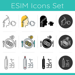 Sticker - Common cold icons set. Girl coughing. Vitamin C. High temperature on thermometer. Orange, lemon. Immunization. Healthcare. Flat design, linear, black and color styles. Isolated vector illustrations