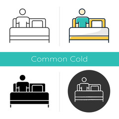 Sticker - Bed rest icon. Man relaxing under blanket. Common cold aid. Flu help. Healthcare. Leisure and comfort. Person unwell in bedroom. Flat design, linear and color styles. Isolated vector illustrations