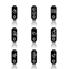 Canvas Print - Fitness tracker options on display drop shadow black glyph icons set. Healthy lifestyle accessory. Wellness gadget with lost phone finder, smart home notifications. Isolated vector illustrations