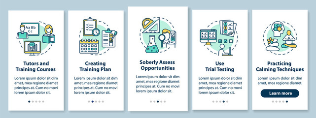 University entrance onboarding mobile app page screen with linear concepts. Tutors and courses. Five walkthrough steps graphic instructions. UX, UI, GUI vector template with illustrations