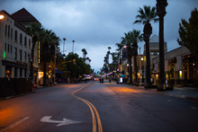Downtown California Street With Palm Trees At Evening