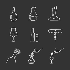 Poster - Alcohol drinks tableware chalk icons set. Wine glasses, decanters, bottles. Foil cutter, corkscrew. Glassware, cocktail, beverage service. Barman accessories. Isolated vector chalkboard illustrations