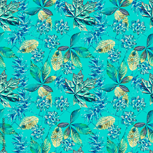 Pine cones with leaves seamless pattern.