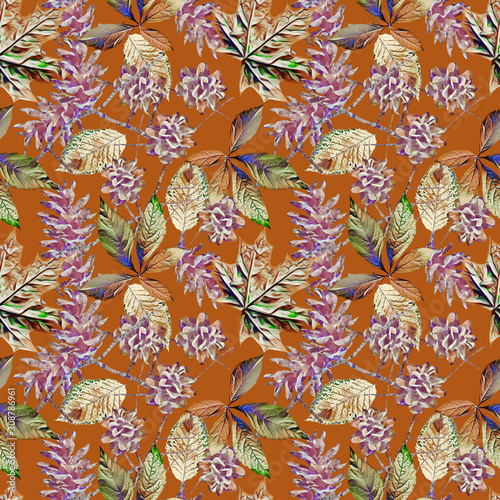 Pine cones with leaves seamless pattern.