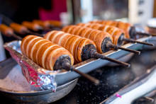 Close up of traditional chimney cakes at street food market 