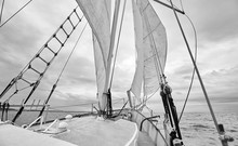 Black And White Picture Of Old Schooner At Sea.