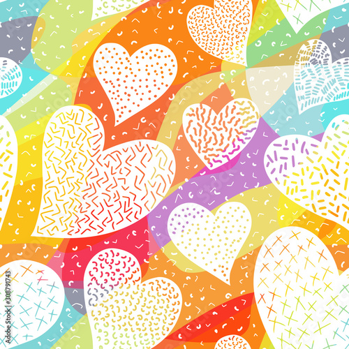Romantic seamless pattern with cute images of hearts on a bright background. ...