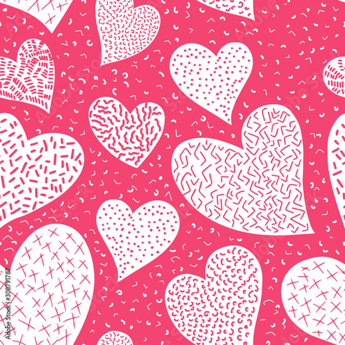 Romantic seamless pattern with cute images of hearts on a pink background. Th...