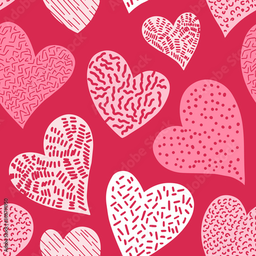 Romantic seamless pattern with cute images of hearts on a pink background. Th...