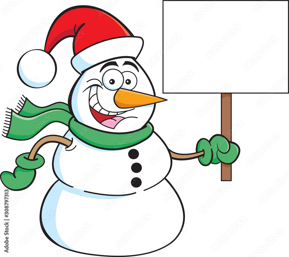 Cartoon illustration of a snowman wearing a Santa hat and holding a ...