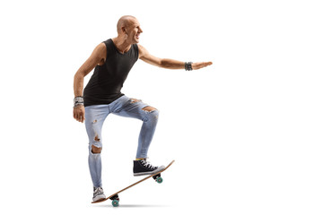 Wall Mural - Bald hipster man on a skateboard