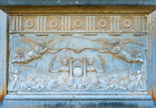 Bas Relief On The Pedestal At The Entrance Of Palace Of Charles V In The Alhambra Palace In Granada. Andalusia, Spain.