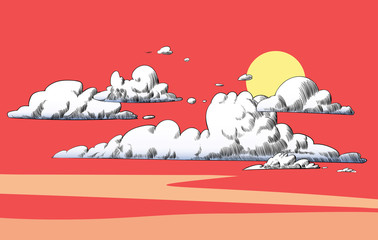Wall Mural - vector landscape sky clouds. red sunset in the clouds. engraving style. background design