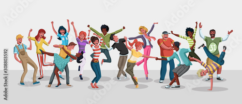 Party with happy cartoon people dancing.