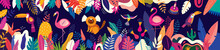 Vector Colorful Illustration With Tropical Flowers, Leaves, Monkey, Flamingo And Birds. Brazil Tropical Pattern.
